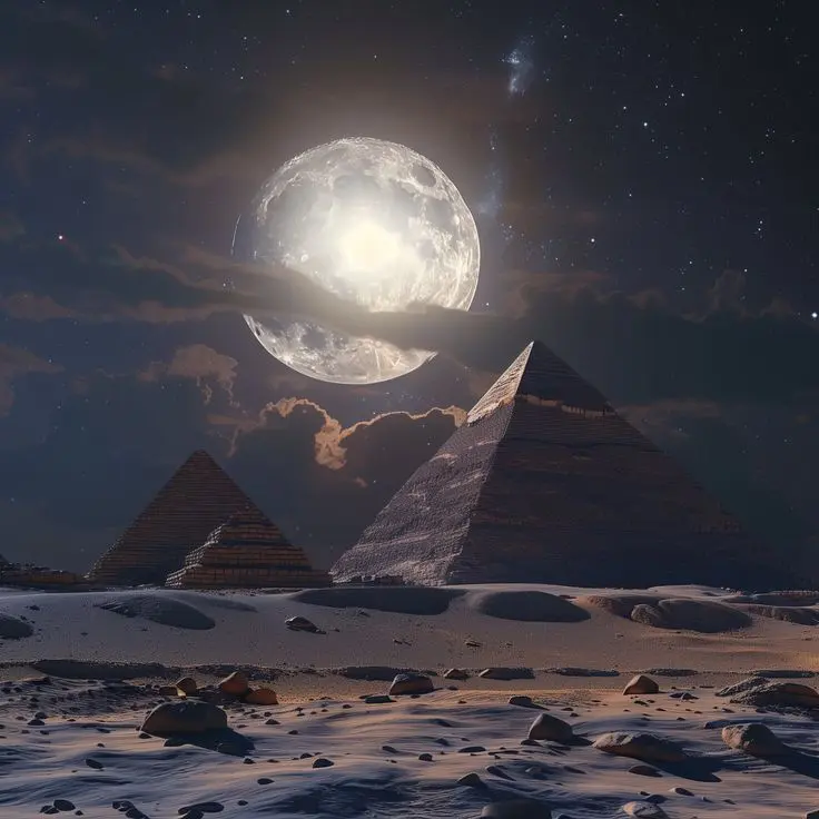 Surrealistic Giant Moon over the Pyramids Digital Print.webp